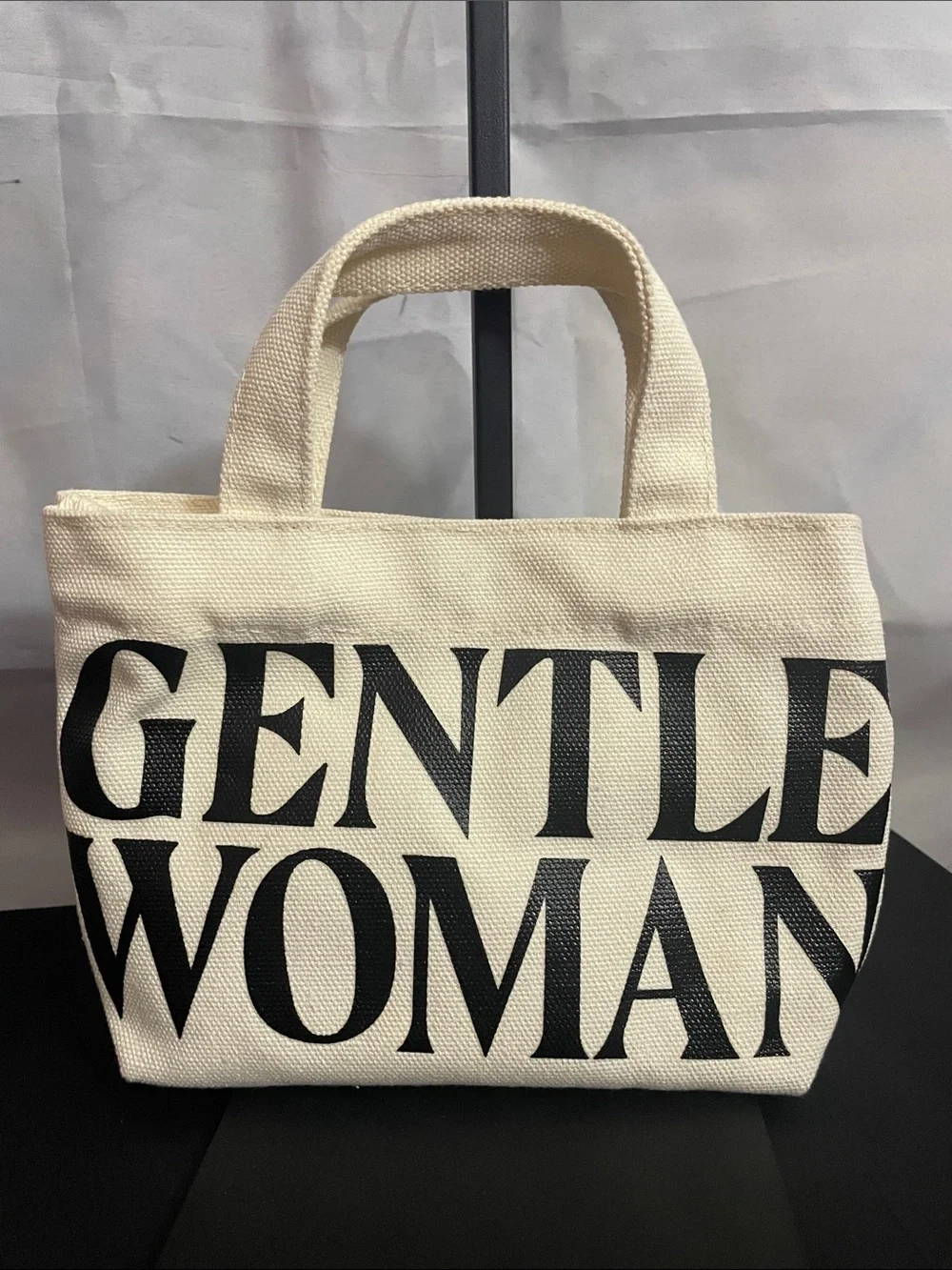 Mini Canvas Tote Bag with GENTLE WOMAN Print - Cream and Black